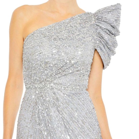 MAC DUGGAL 5622 EMBELLISHED PUFF ONE SHOULDER SILVER GOWN DRESS sz 10 - Picture 3 of 5